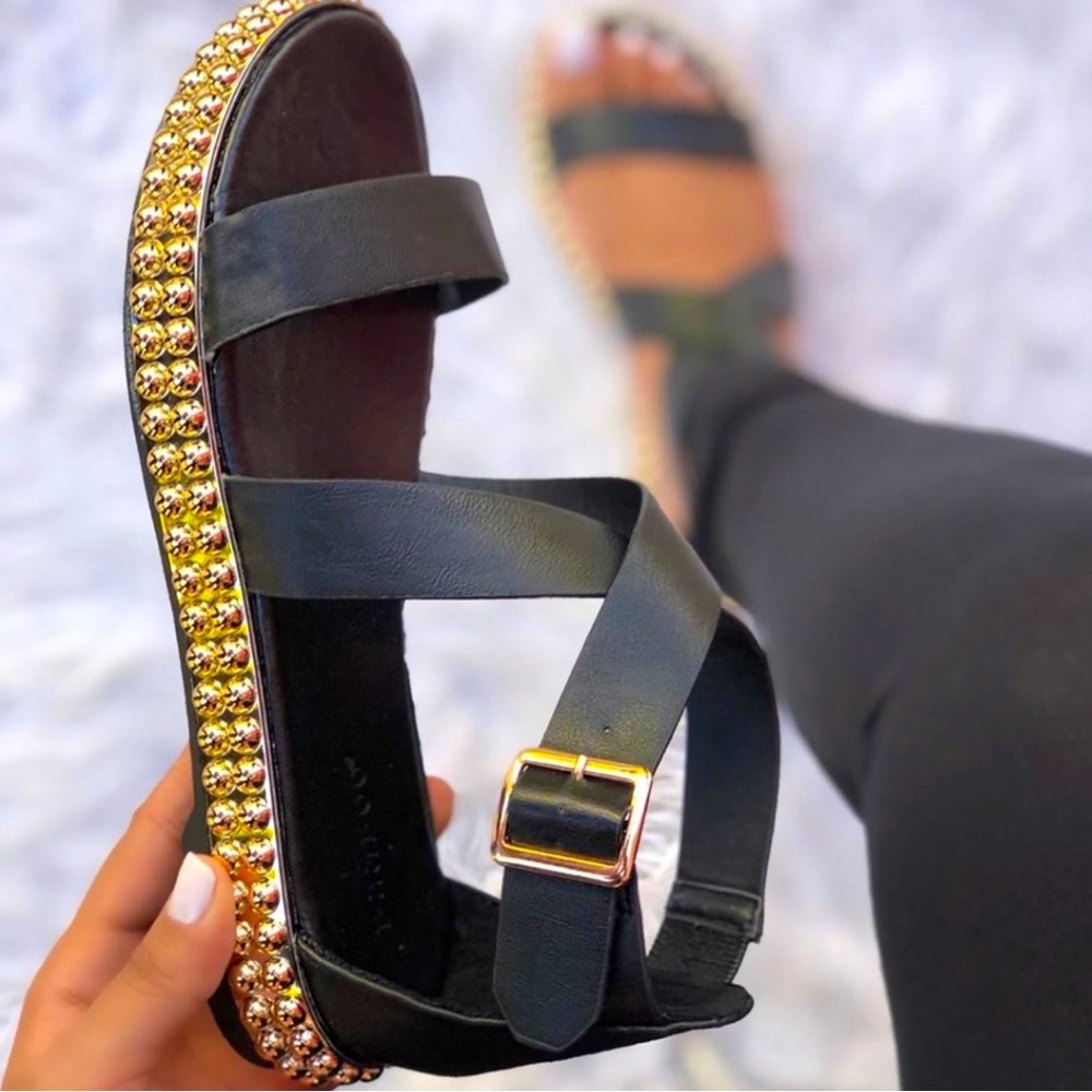 Gold Studded Black Sandals